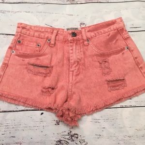 Washed coral jean shorts